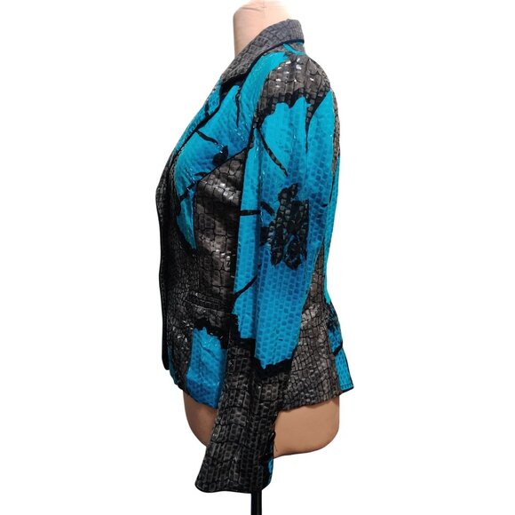 Womens L Blue Blazer Snake Floral Print Bold Chic Glam Statement Jacket Peplum - Picture 3 of 16